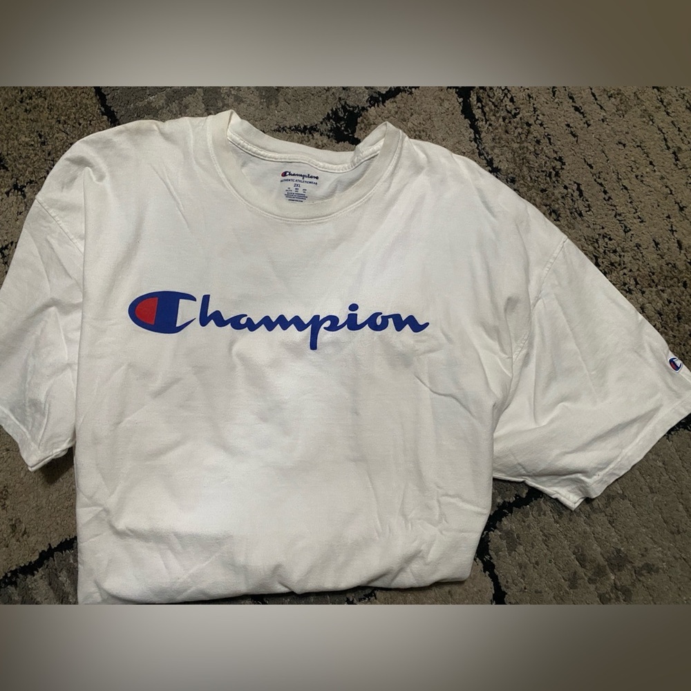 Champion White Tee with Blue Logo